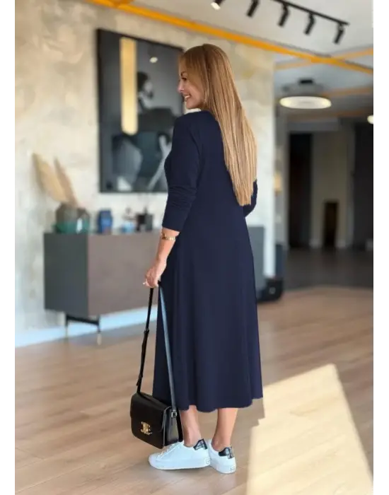 Kadın Uzun Kollu V Yakalı Midi Modal Elbise