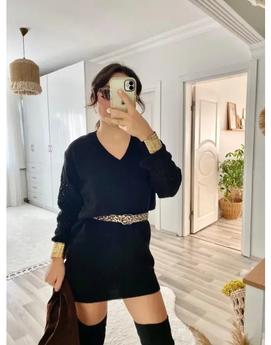 Kadın Uzun Kollu V Yakalı Mini Triko Elbise