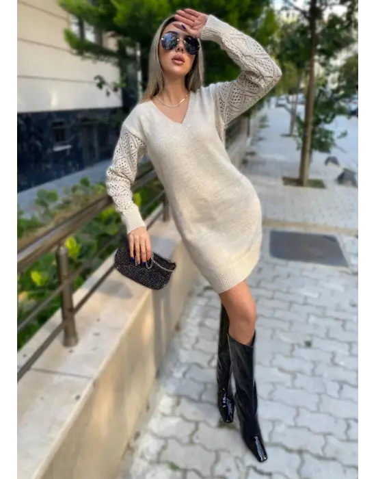 Kadın Uzun Kollu V Yakalı Mini Triko Elbise