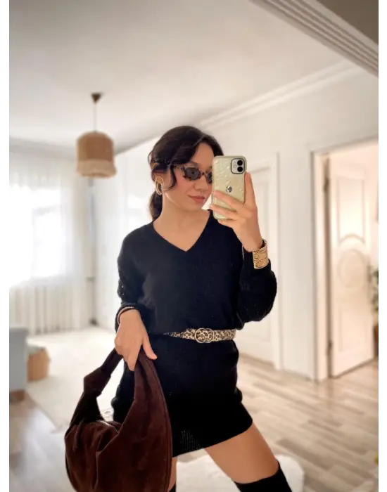 Kadın Uzun Kollu V Yakalı Mini Triko Elbise