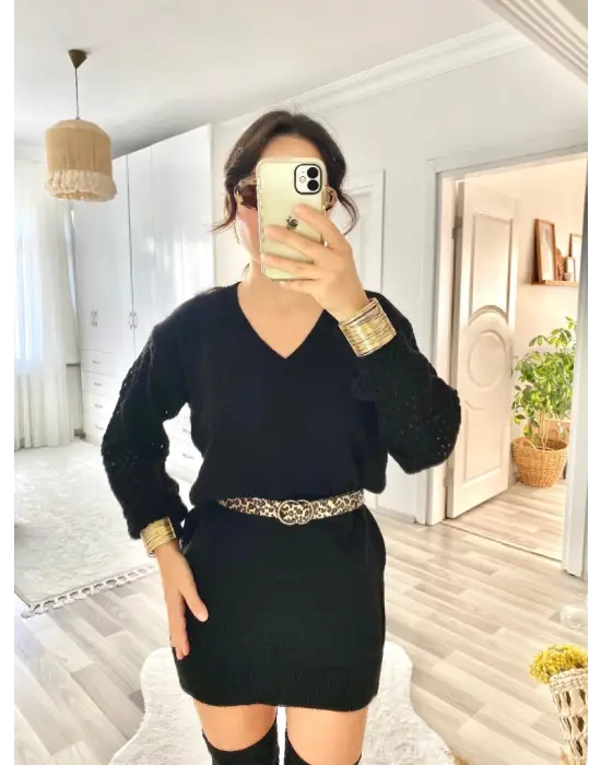 Kadın Uzun Kollu V Yakalı Mini Triko Elbise