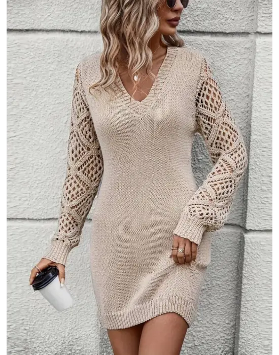 Kadın Uzun Kollu V Yakalı Mini Triko Elbise