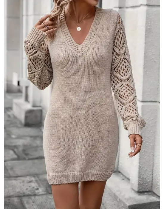 Kadın Uzun Kollu V Yakalı Mini Triko Elbise
