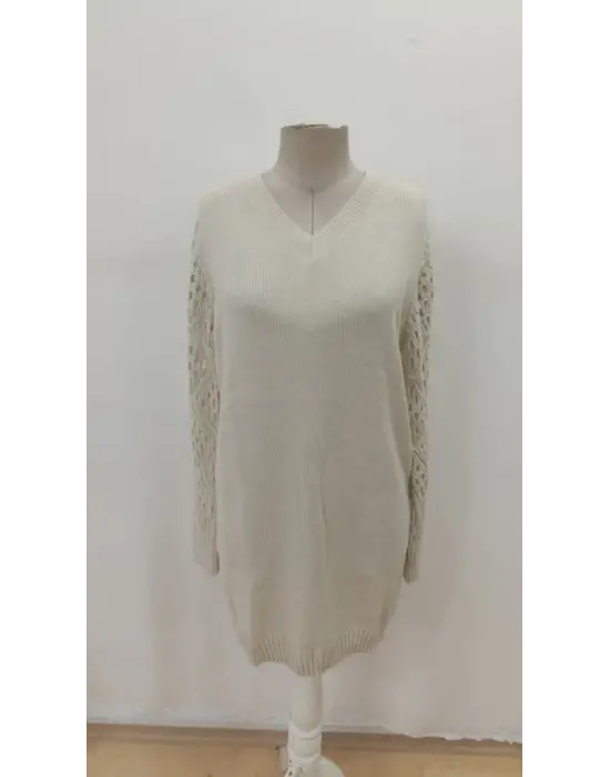 Kadın Uzun Kollu V Yakalı Mini Triko Elbise