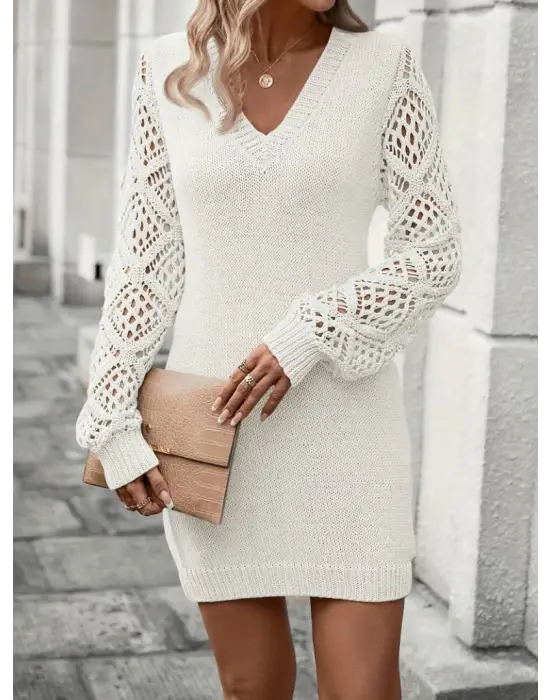 Kadın Uzun Kollu V Yakalı Mini Triko Elbise