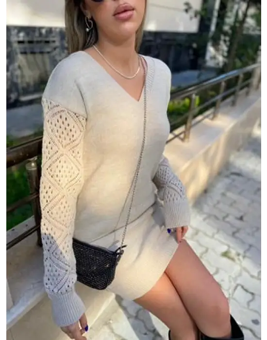 Kadın Uzun Kollu V Yakalı Mini Triko Elbise