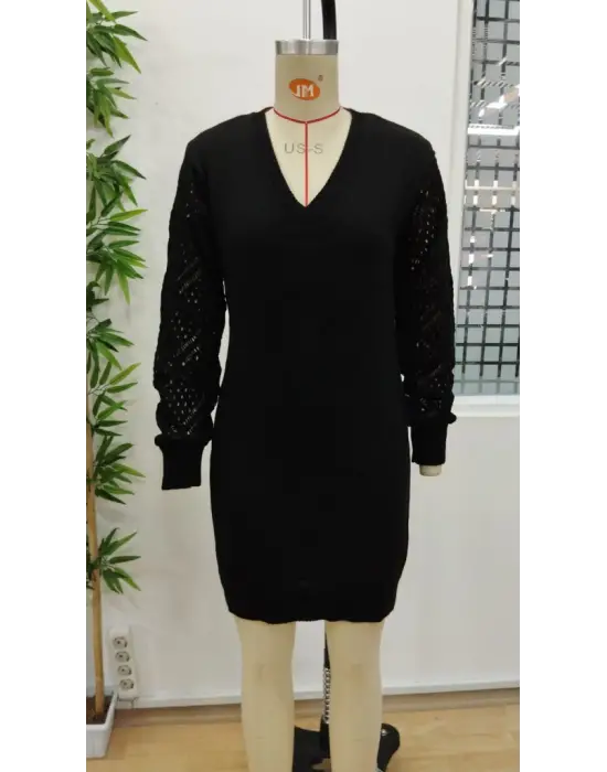 Kadın Uzun Kollu V Yakalı Mini Triko Elbise