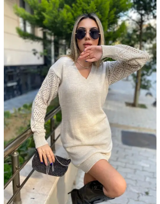 Kadın Uzun Kollu V Yakalı Mini Triko Elbise