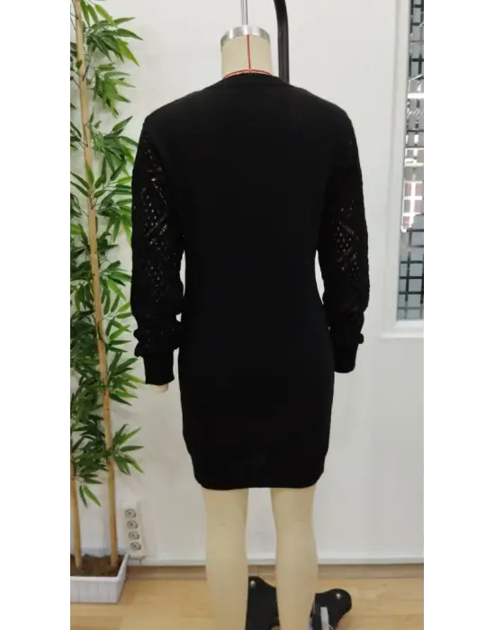 Kadın Uzun Kollu V Yakalı Mini Triko Elbise