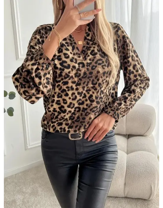 Yenilikçi Modal Leopar Desenli Bluz