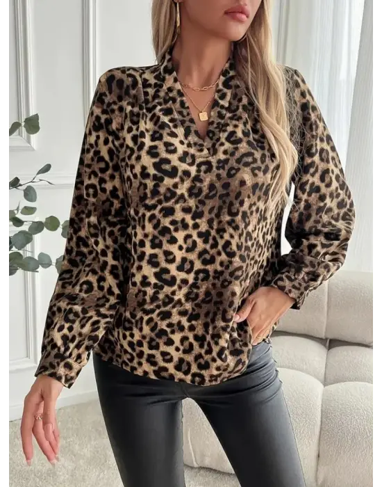 Yenilikçi Modal Leopar Desenli Bluz