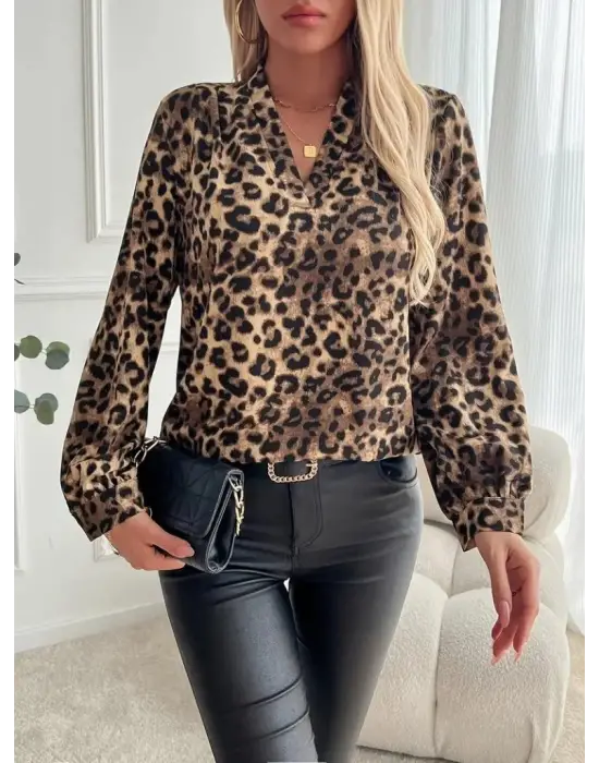 Kadın Uzun Kollu V Yakalı Modal Leopar Desenli Bluz