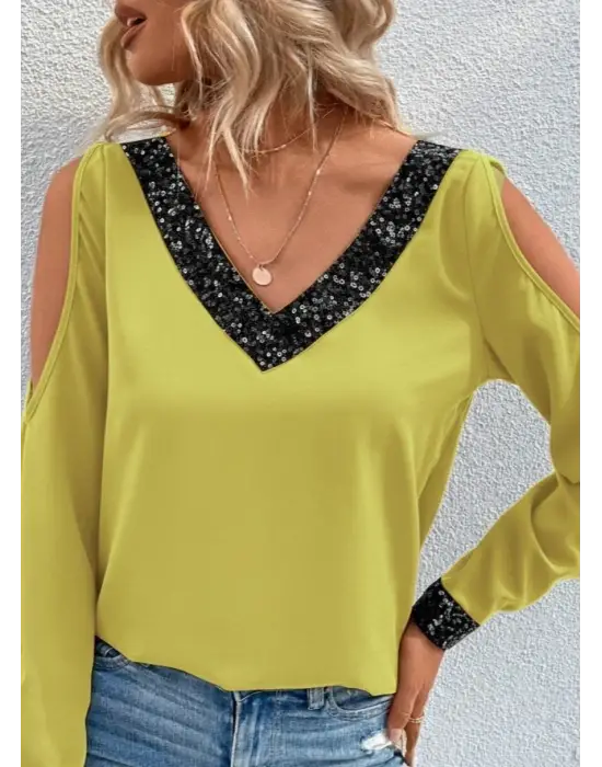 Kadın Uzun Kollu V Yakalı Omuzlardan Açık Sandy Bluz