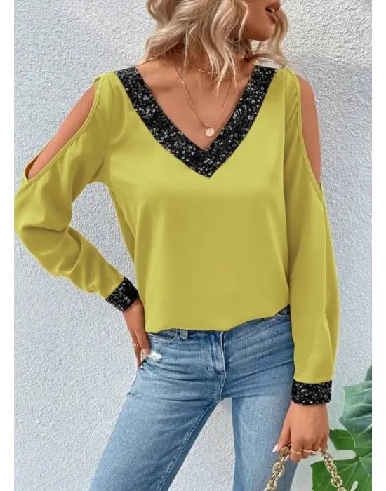 Kadın Uzun Kollu V Yakalı Omuzlardan Açık Sandy Bluz