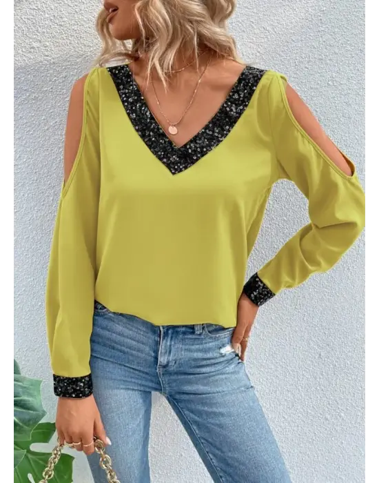 Kadın Uzun Kollu V Yakalı Omuzlardan Açık Sandy Bluz