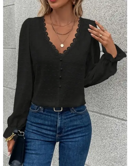 Kadın Uzun Kollu V Yakalı önden Düğmeli Bluz