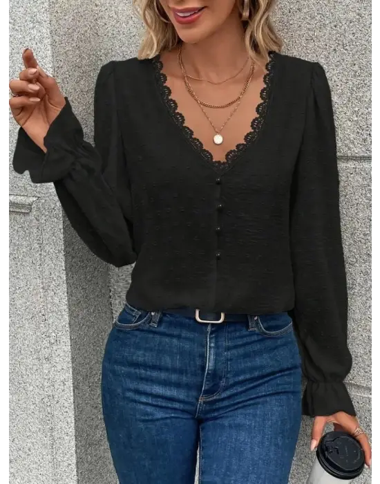 Kadın Uzun Kollu V Yakalı önden Düğmeli Bluz
