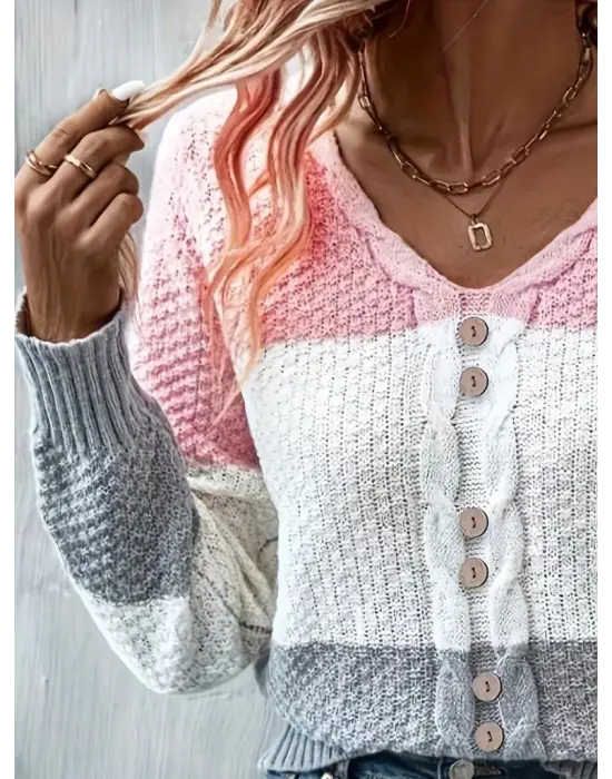 Kadın Uzun Kollu V Yakalı önden Düğmeli çok Renkli Bluz