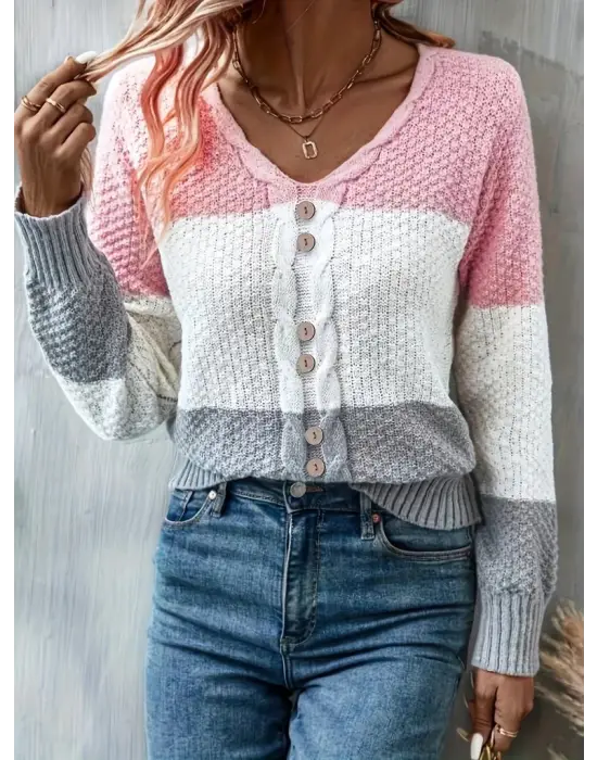 Kadın Uzun Kollu V Yakalı önden Düğmeli çok Renkli Bluz