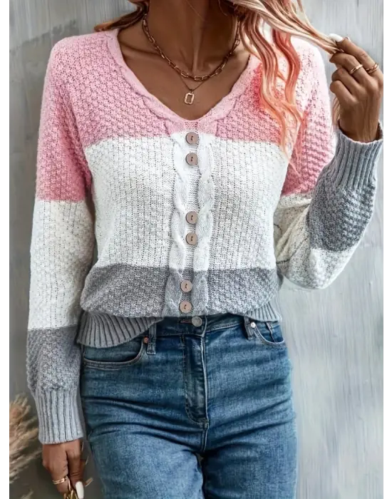 Kadın Uzun Kollu V Yakalı önden Düğmeli çok Renkli Bluz