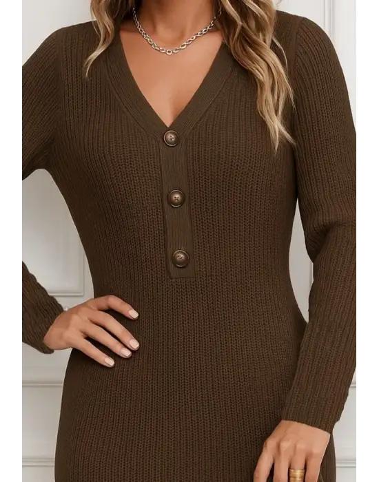 Kadın Uzun Kollu V Yakalı önden Düğmeli Kısa Triko Elbise