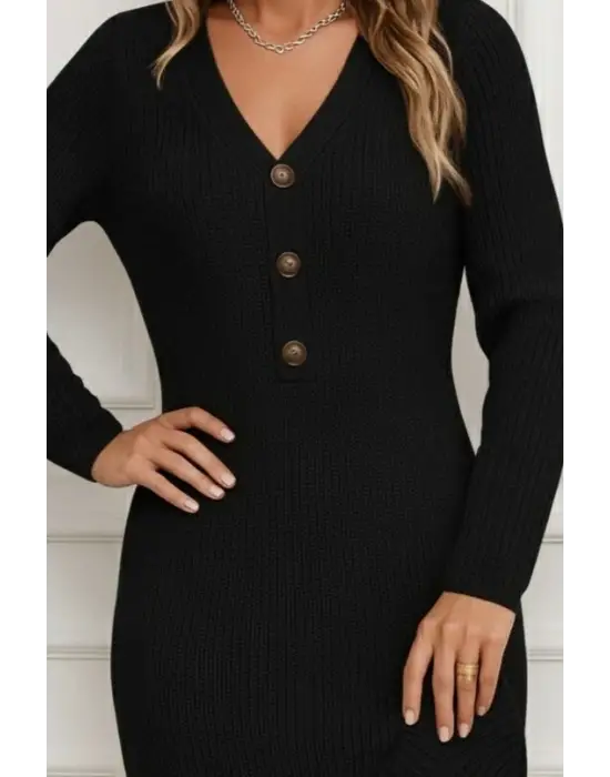 Kadın Uzun Kollu V Yakalı önden Düğmeli Kısa Triko Elbise