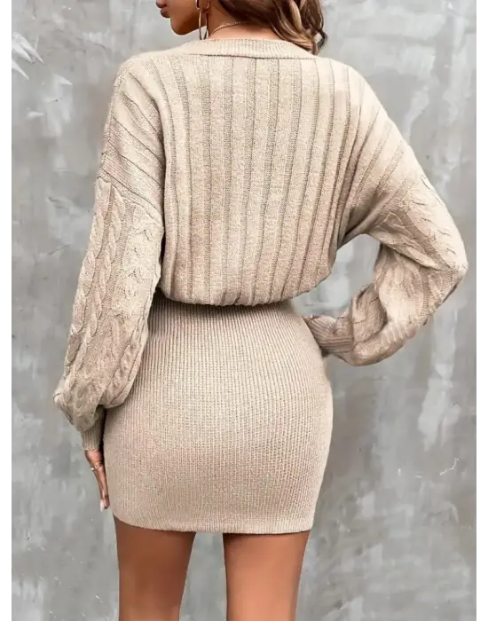 Kadın Uzun Kollu V Yakalı önden Düğmeli Kısa Triko Elbise