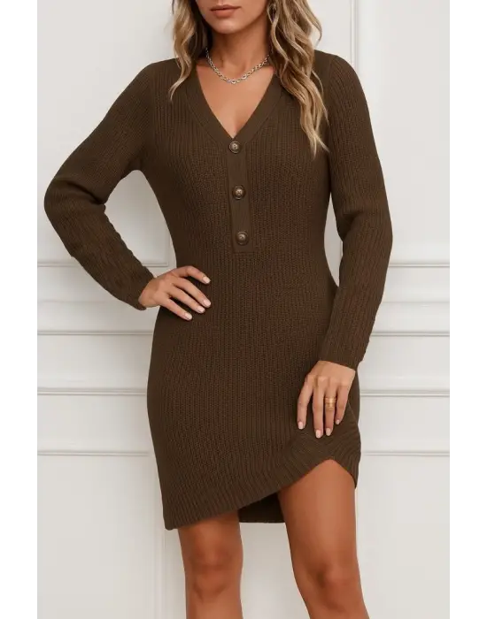 Kadın Uzun Kollu V Yakalı önden Düğmeli Kısa Triko Elbise