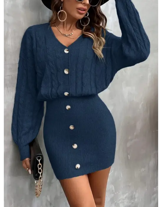 Kadın Uzun Kollu V Yakalı önden Düğmeli Kısa Triko Elbise