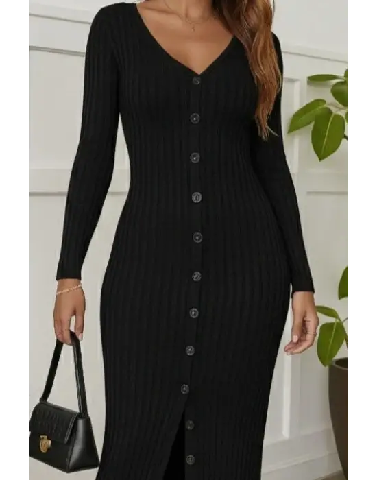 Kadın Uzun Kollu V Yakalı önden Düğmeli şardonlu Kaşkorse Elbise