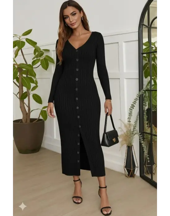 Kadın Uzun Kollu V Yakalı önden Düğmeli şardonlu Kaşkorse Elbise