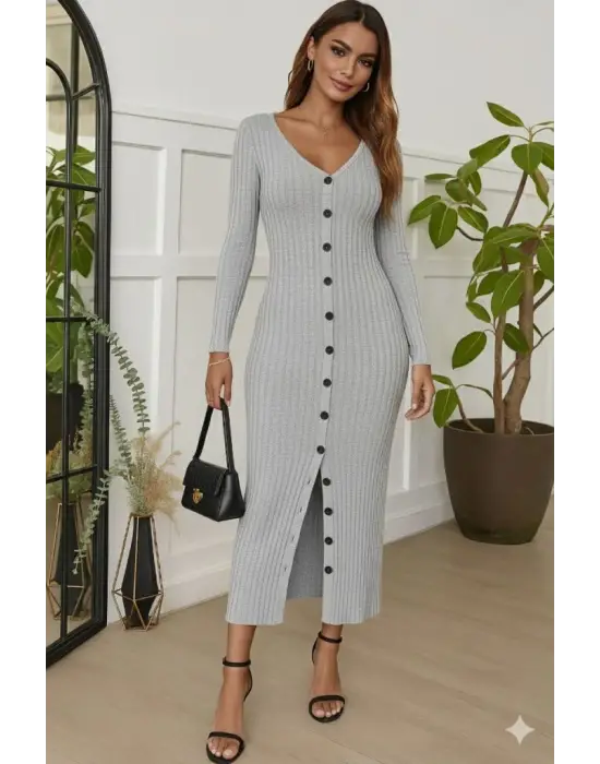 Kadın Uzun Kollu V Yakalı önden Düğmeli şardonlu Kaşkorse Elbise