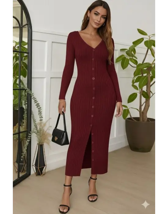 Kadın Uzun Kollu V Yakalı önden Düğmeli şardonlu Kaşkorse Elbise