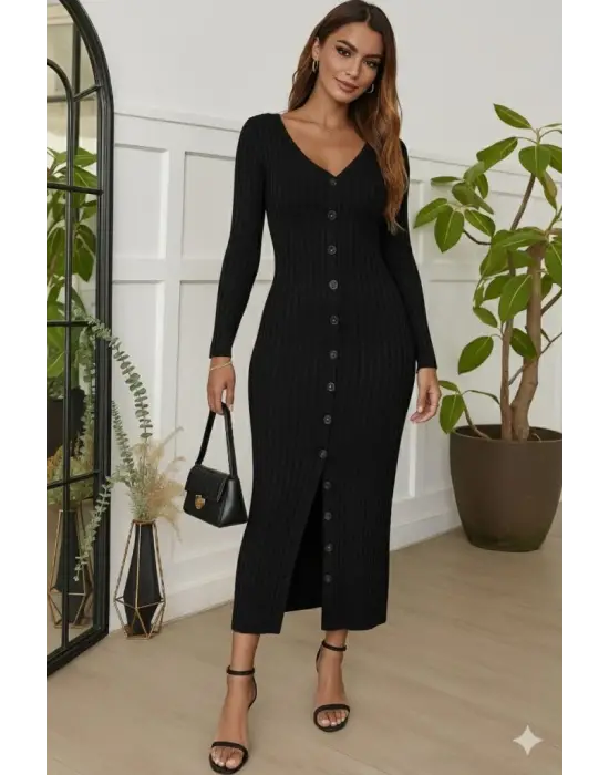 Kadın Uzun Kollu V Yakalı önden Düğmeli şardonlu Kaşkorse Elbise