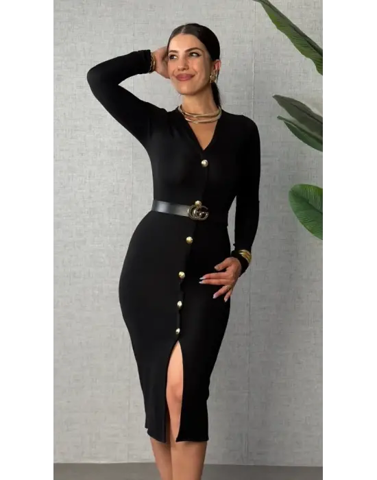 Kadın Uzun Kollu V Yakalı önden Düğmeli Yırtmaçlı Modal Midi Kemersiz Elbise