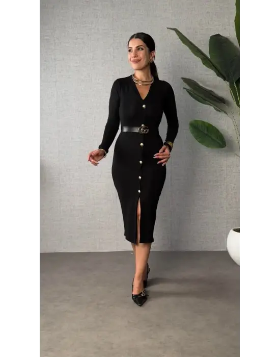 Kadın Uzun Kollu V Yakalı önden Düğmeli Yırtmaçlı Modal Midi Kemersiz Elbise