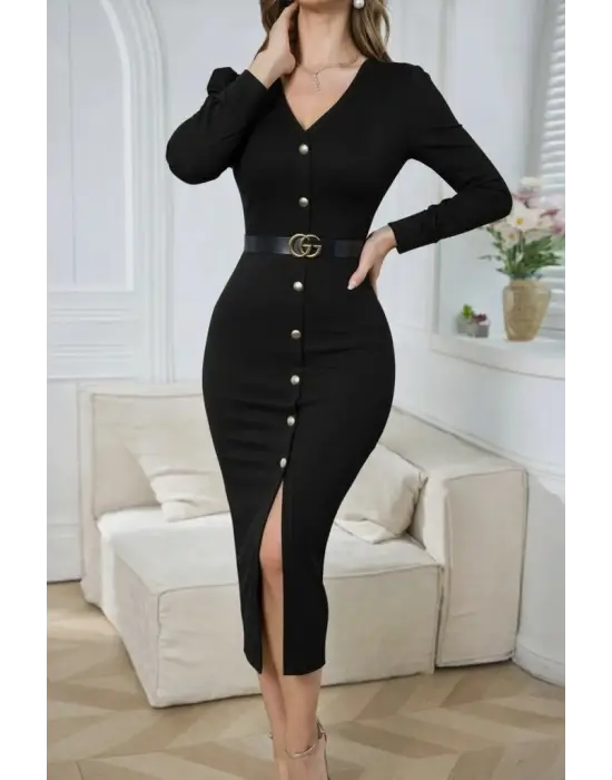 Kadın Uzun Kollu V Yakalı önden Düğmeli Yırtmaçlı Modal Midi Kemersiz Elbise