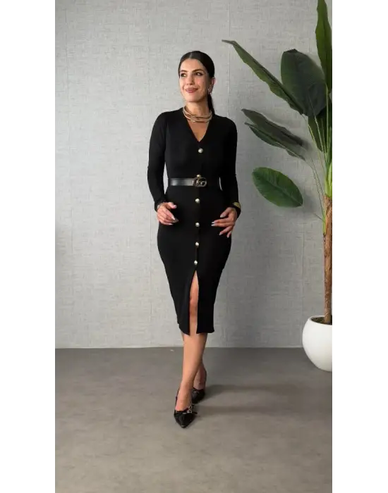 Kadın Uzun Kollu V Yakalı önden Düğmeli Yırtmaçlı Modal Midi Kemersiz Elbise