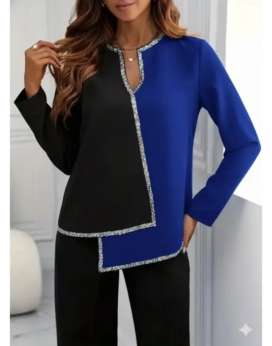 Kadın Uzun Kollu V Yakalı Pul Payet Işlemeli Ithal Krep Bluz