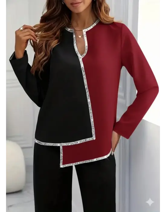 Kadın Uzun Kollu V Yakalı Pul Payet Işlemeli Ithal Krep Bluz