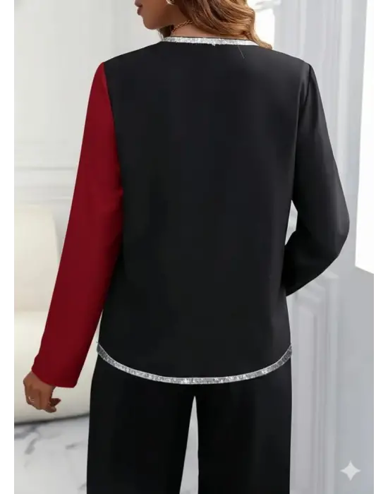 Kadın Uzun Kollu V Yakalı Pul Payet Işlemeli Ithal Krep Bluz