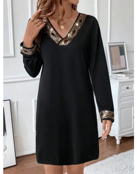 Kadın Uzun Kollu V Yakalı Pulpayet Detaylı Mini Ithal Krep Elbise