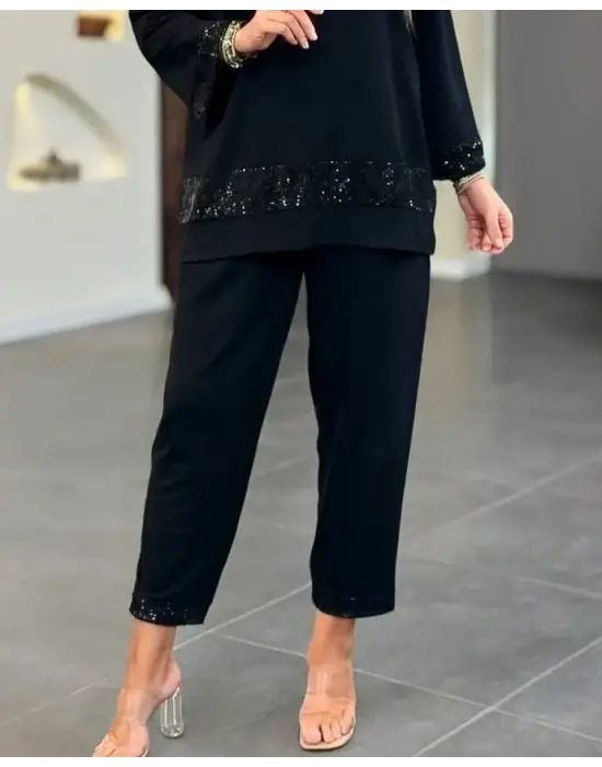 Kadın Uzun Kollu V Yakalı Pulpayet Viskon Iki Iplik Bluz Ve Pantolon Takım