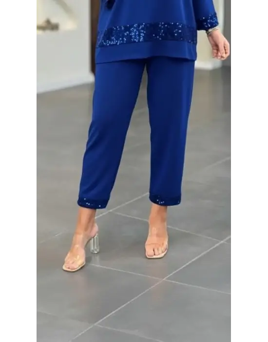 Kadın Uzun Kollu V Yakalı Pulpayet Viskon Iki Iplik Bluz Ve Pantolon Takım