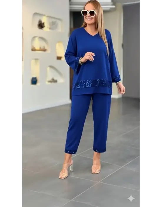 Kadın Uzun Kollu V Yakalı Pulpayet Viskon Iki Iplik Bluz Ve Pantolon Takım