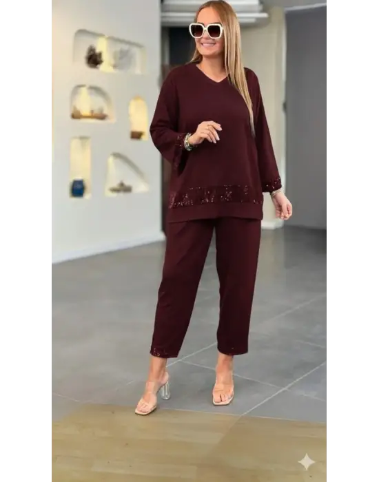 Kadın Uzun Kollu V Yakalı Pulpayet Viskon Iki Iplik Bluz Ve Pantolon Takım