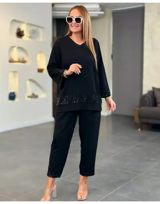 Kadın Uzun Kollu V Yakalı Pulpayet Viskon Iki Iplik Bluz Ve Pantolon Takım