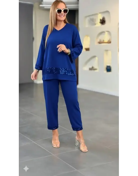Kadın Uzun Kollu V Yakalı Pulpayet Viskon Iki Iplik Bluz Ve Pantolon Takım