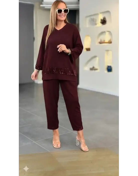 Kadın Uzun Kollu V Yakalı Pulpayet Viskon Iki Iplik Bluz Ve Pantolon Takım