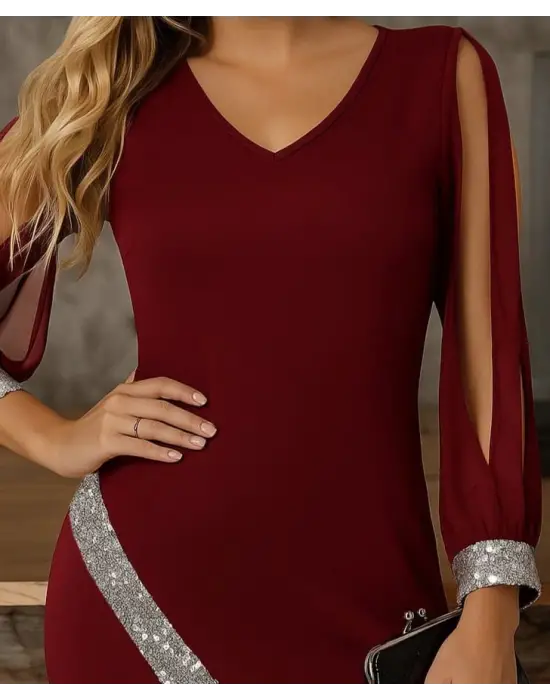 Kadın Uzun Kollu V Yakalı Pulpayetli Ithal Krep Elbise
